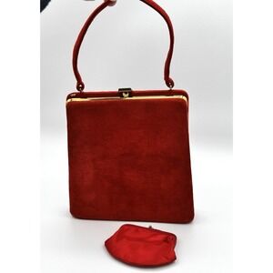Vintage Red Suede Handbag w Matching Coin Purse 1960s Mod Clasp Bag